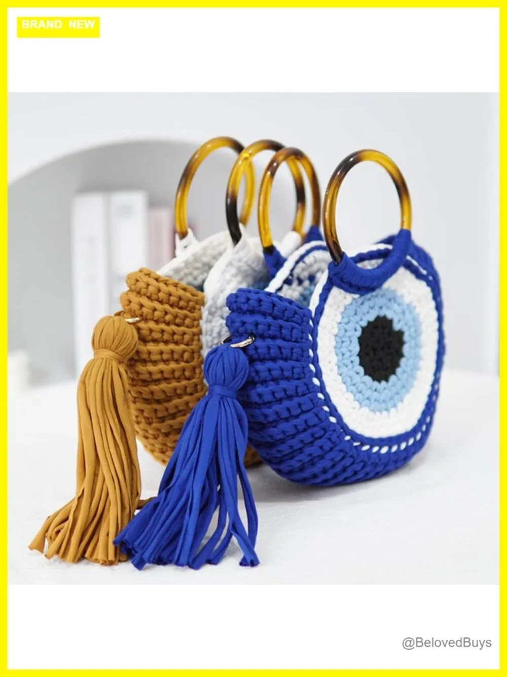 Handwoven Chunky Yarn Knitted Hobo Bag with Evil Eye Pattern Detachable Tassel